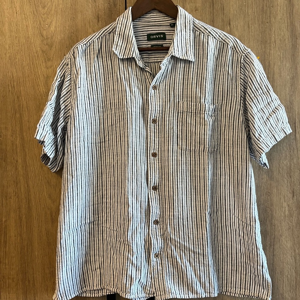 Orvis Men's Short Sleeve Classic Button Down White Navy Striped Shirt XL Casual